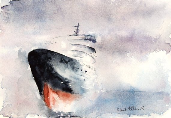 570x394 Original Watercolor Painting Of A Boat In The Fog On The Sea Etsy - Watercolor Ship
