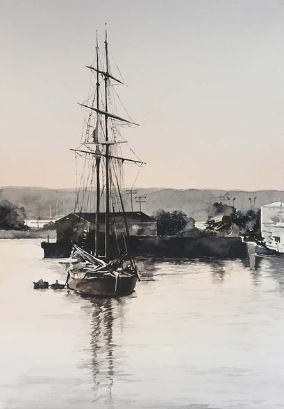 409x590 Boat On Harbor Ellie Moniz Watercolors - Watercolor Ship