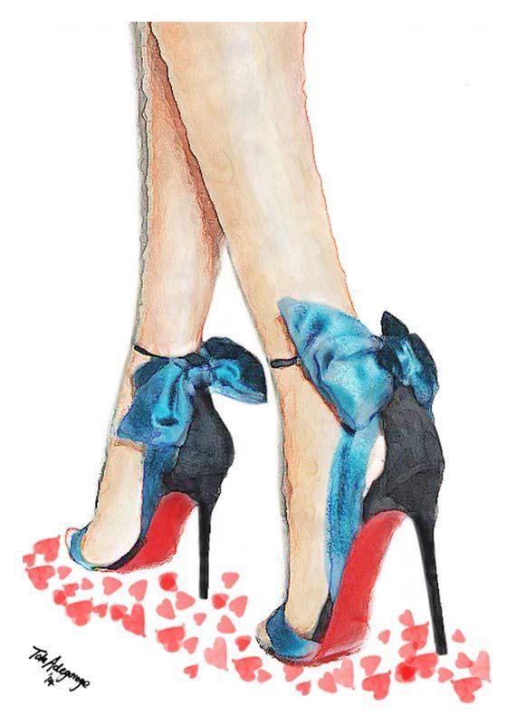 570x800 Louboutin Blue Bow High Heels Shoes Giclee Print From Original - Watercolor Shoes