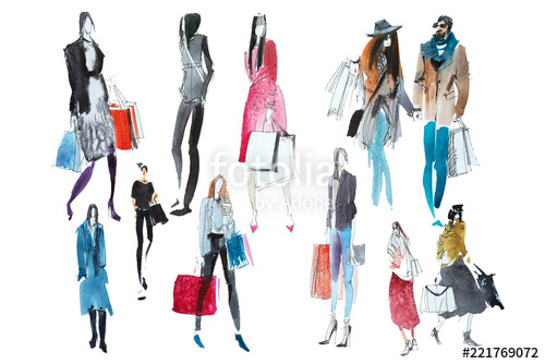 500x334 Hand Drawn Watercolor People With Shopping Bags. Fashion, Sale - Watercolor Shopping