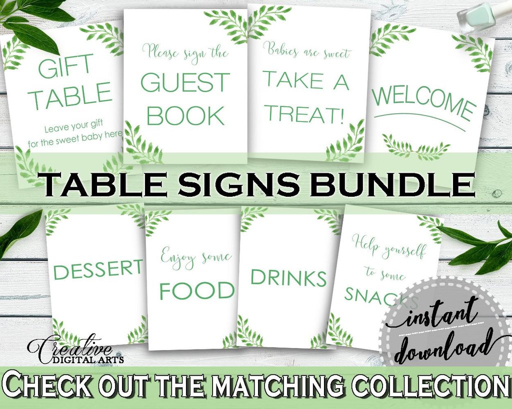 1024x819 Table Signs, Watercolor Leaves Baby Shower Gender Neutral Theme In - Watercolor Signs