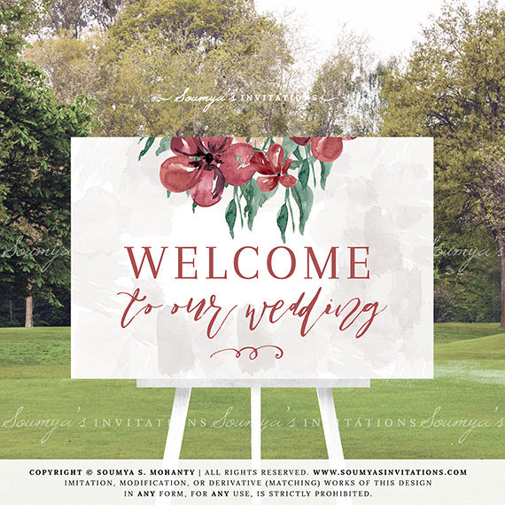 570x570 Burgundy Marsala Red Wedding Signs, Fall Autumn Winter Wedding - Watercolor Signs
