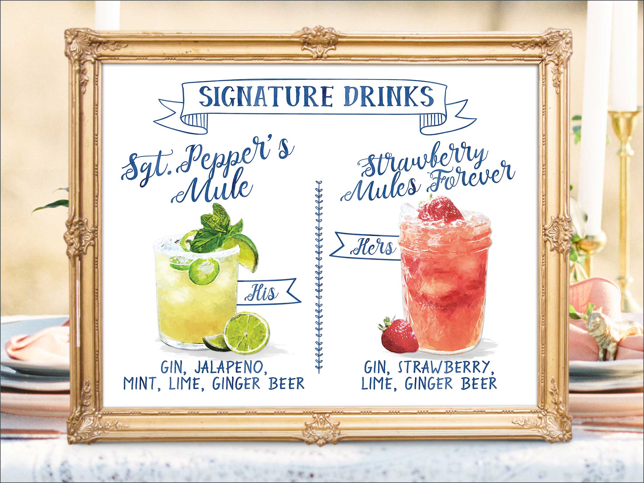 2200x1651 Digital Printable Wedding Bar Menu Sign, His And Hers Signature - Watercolor Signs