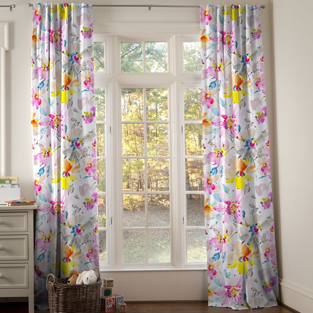 1000x1000 White Curtains With Grey Flowers, Watercolor Floral Silk Fabric - Watercolor Silk Fabric