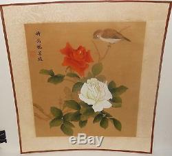 250x228 Japanese Brown Bird And Roses Watercolor On Silk Painting Signed - Watercolor Silk Painting