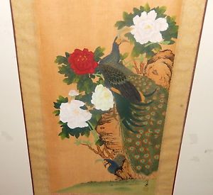 300x275 Old 19th Century Japanese Peacock Bird And Roses Watercolor Silk - Watercolor Silk Painting