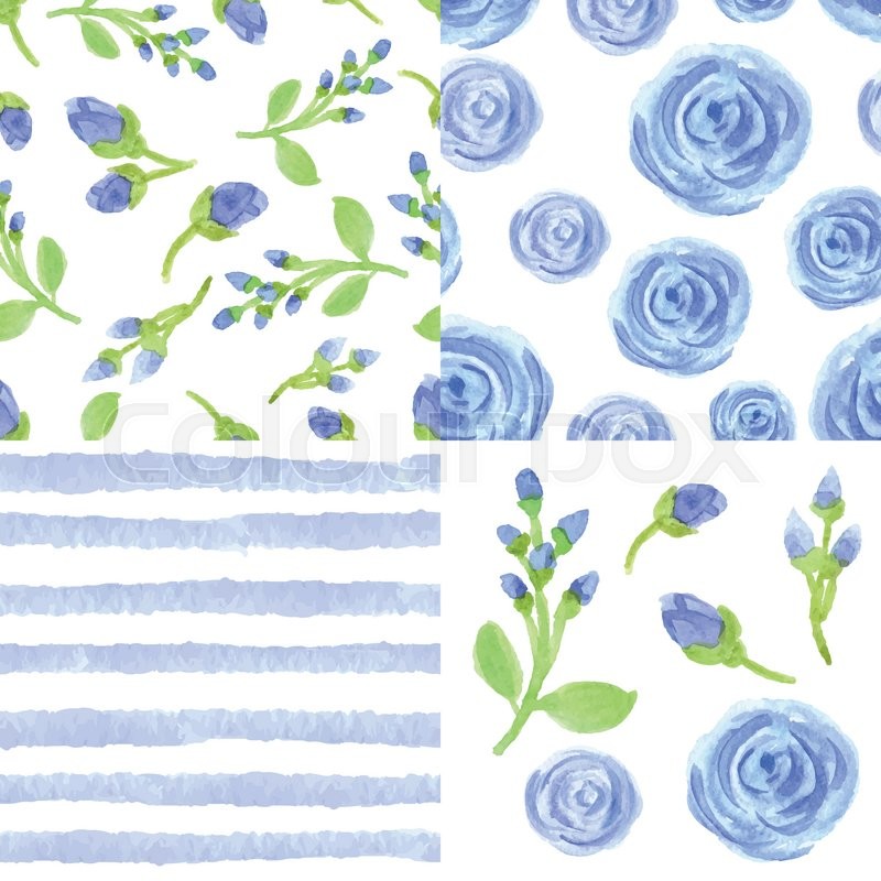 800x800 Watercolor Artistic Blue Flowers,strips Seamless Pattern Set - Watercolor Simple Flowers