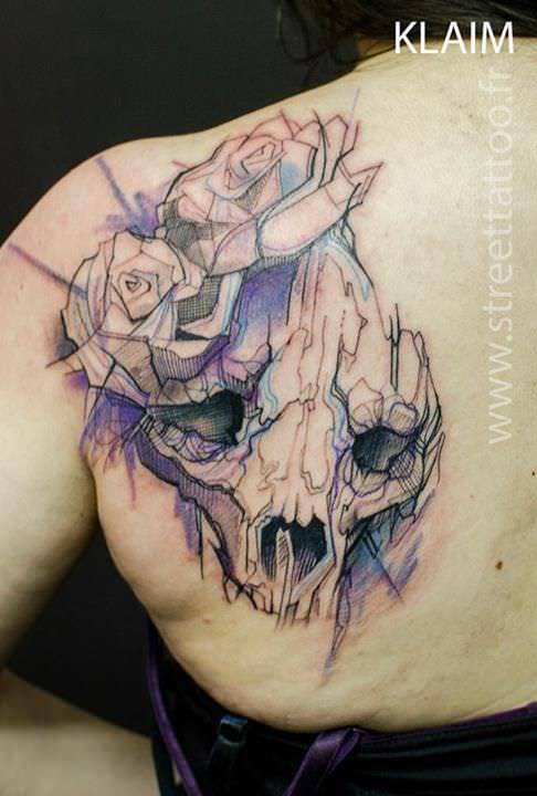 486x720 Klaim Tattoos An Animal Skull And Roses In An Eye Catching Sketch - Watercolor Sketch Tattoo