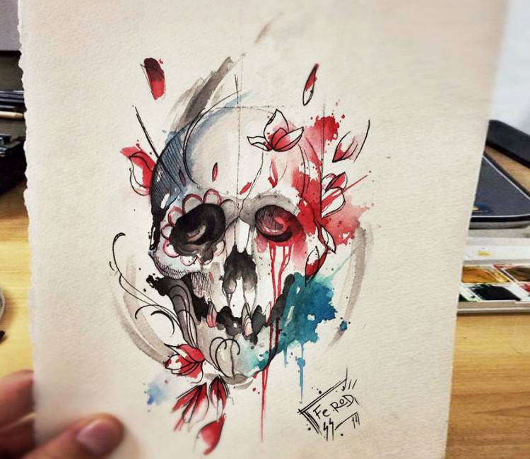 750x650 Watercolor Skull Tattoo By Felipe Rodrigues Post 15607 - Watercolor Sketch Tattoo