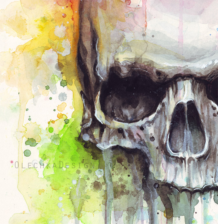 750x768 Watercolor Skull Painting (Detail) By Olechka01 - Watercolor Skull