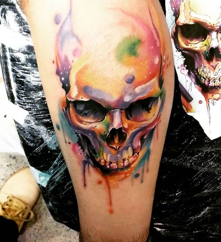 736x803 Watercolor Skull Tattoo On Bicep - Watercolor Skull Tattoo