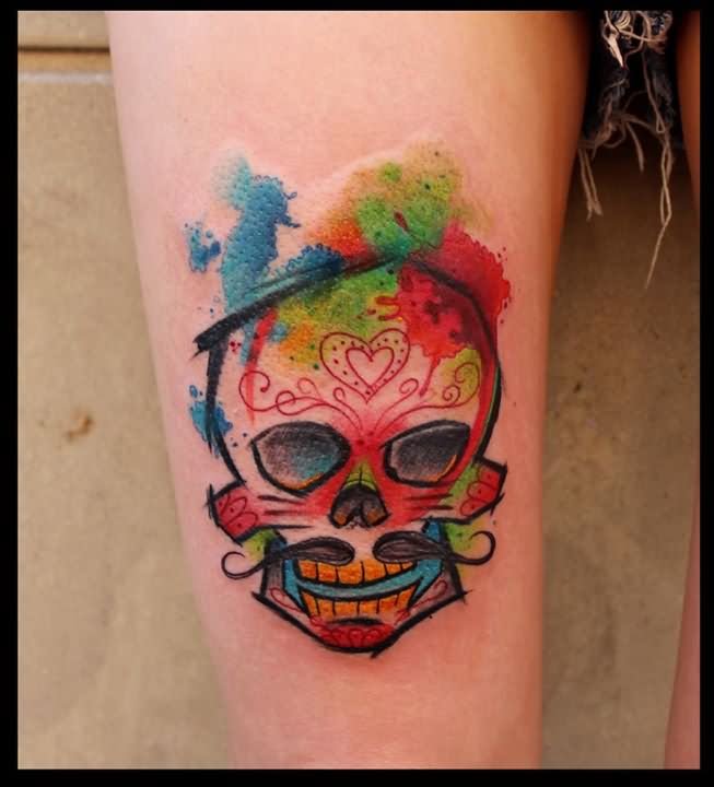 653x720 Watercolor Skull Tattoo On Leg Sleeve - Watercolor Skull Tattoo