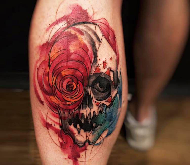 750x650 Watercolor Skull Tattoo By Felipe Rodrigues Post 14974 - Watercolor Skull Tattoo