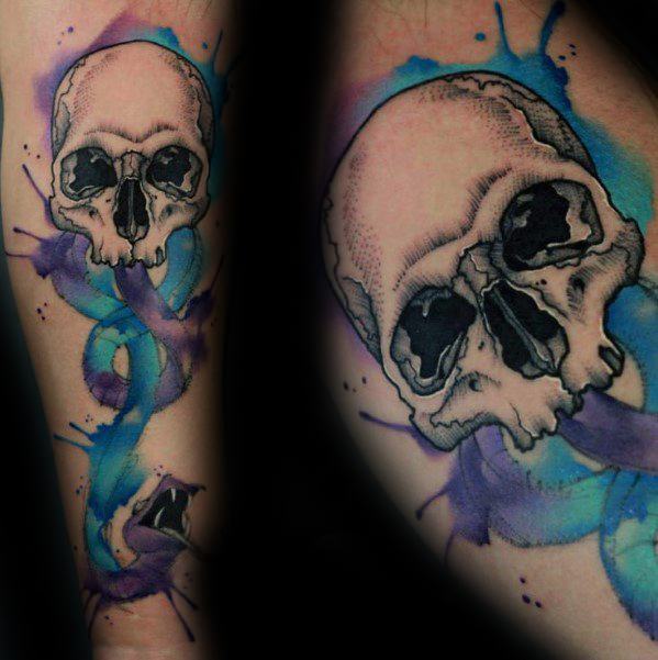 599x601 Angry Snake Watercolor Skull Tattoo - Watercolor Skull Tattoo