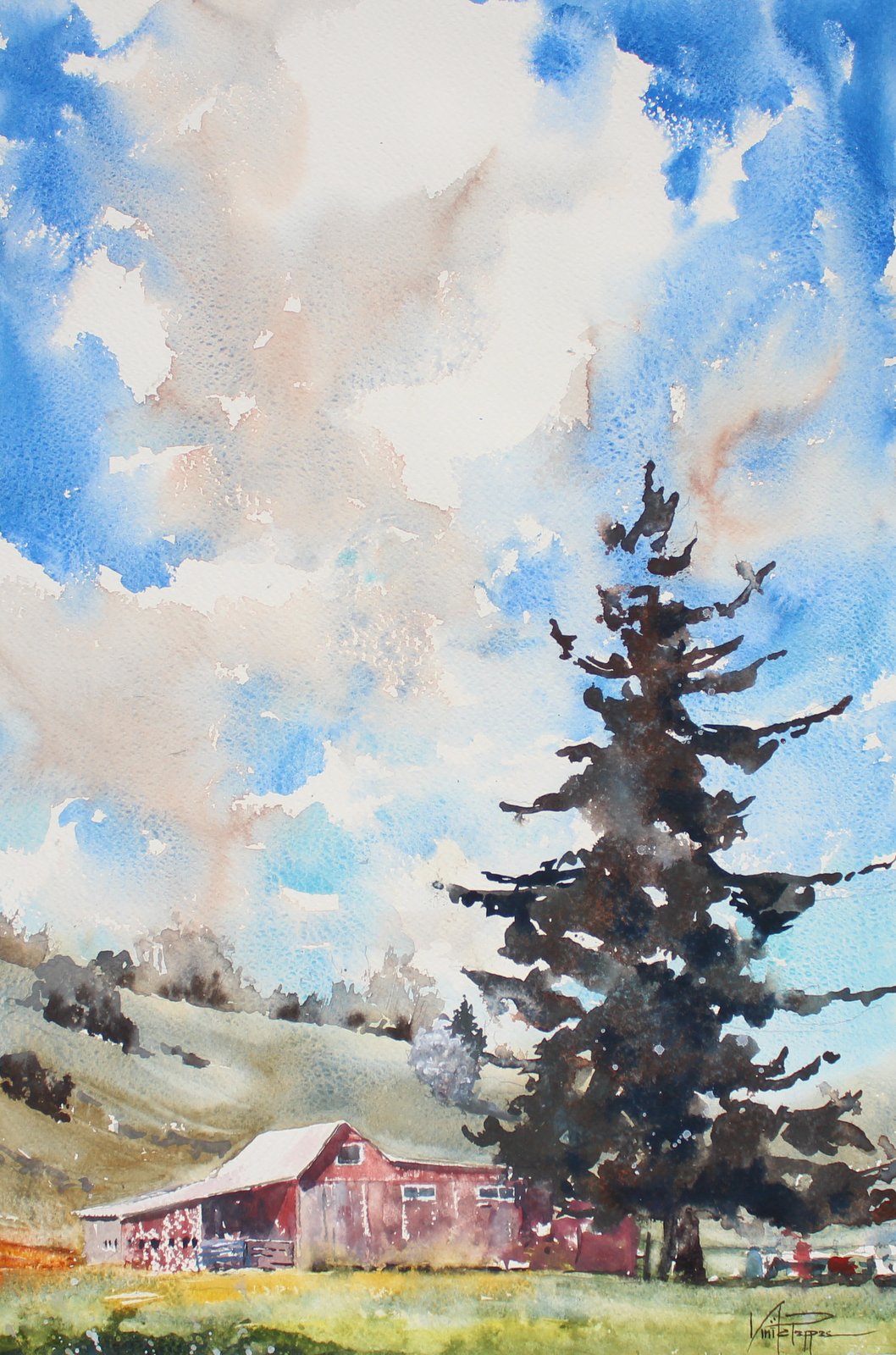 1058x1600 Sunlit South Myrtle Barn Under Cloudy Skies - Watercolor Sky And Clouds