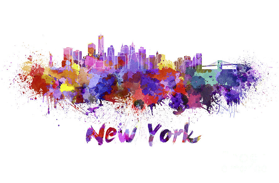 900x590 New York Skyline In Watercolor Painting By Pablo Romero - Watercolor Skyline
