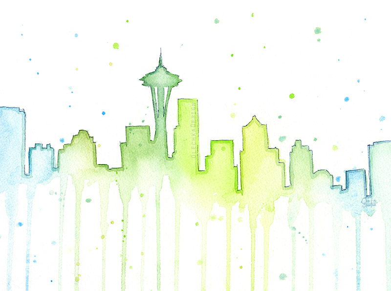 800x596 Seattle Skyline Watercolor Olechka Design - Watercolor Skyline