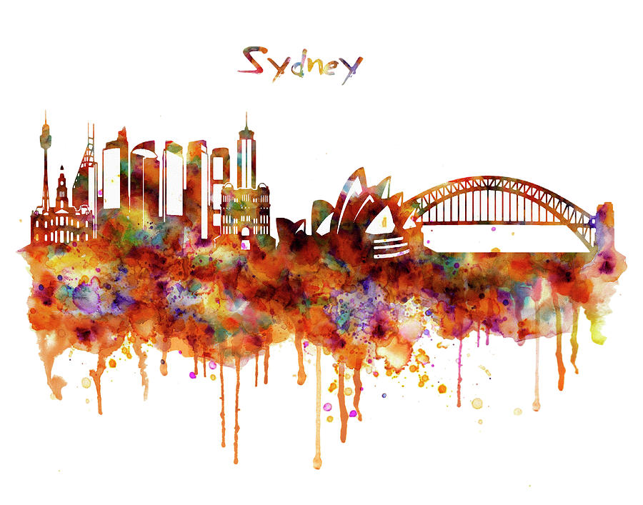 900x707 Sydney Watercolor Skyline Painting By Marian Voicu - Watercolor Skyline