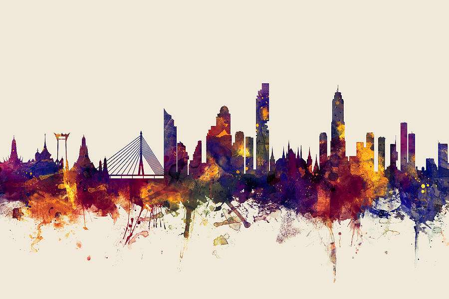 900x600 Watercolour, Watercolor, Urban, Bangkok, Bangkok Skyline, Bangkok - Watercolor Skyline
