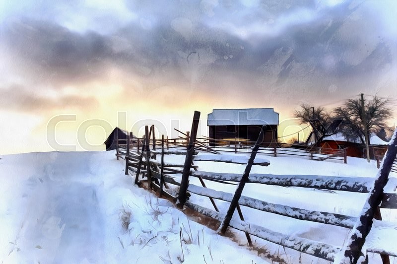 800x532 The Works In The Style Of Watercolor Painting. Winter Landscape - Watercolor Snow