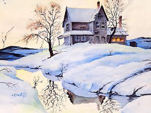 300x225 Watercolor Painting Winter Landscape Signed C R Smith Snow Cabin - Watercolor Snow