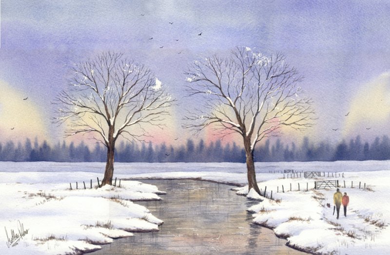 800x524 Snow Lake Scene Watercolour Painting Canvas Art - Watercolor Snow Scene