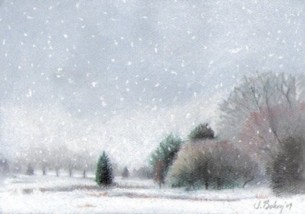 600x421 Still Snowing In Ne Pastel Painting Landscape Snow Scene Trees - Watercolor Snow Scene