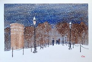 300x204 Washington Sq. Nyc Park Snow Scene Tom Cox 14x20 Original - Watercolor Snow Scene