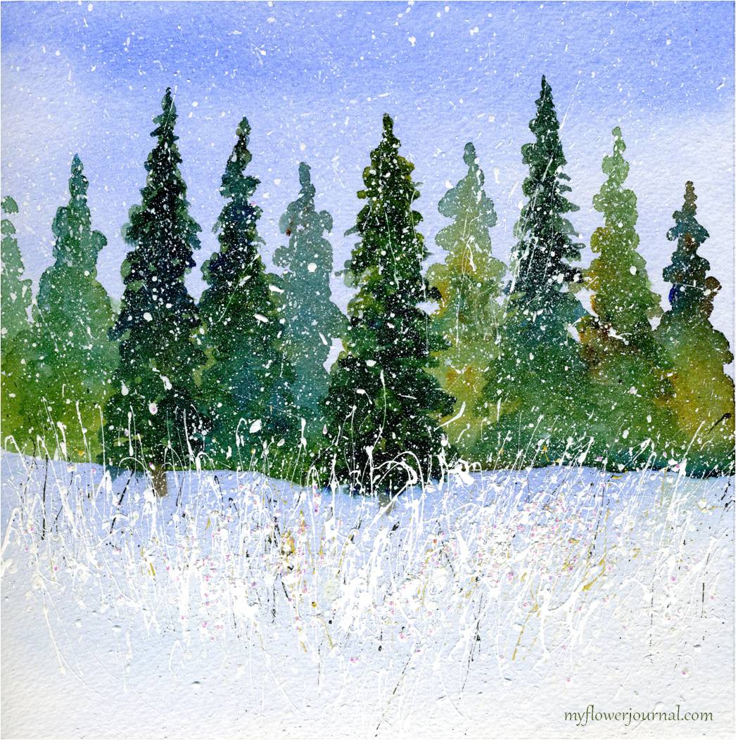 1046x1052 Winter Watercolor With Splattered Acrylic Paint - Watercolor Snow Scene