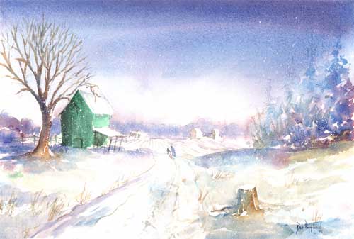 500x337 Green Barn In Snow - Watercolor Snow Scene