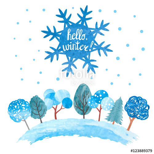 500x500 Hello Winter Vector Illustration. Watercolor Snowflake And Trees - Watercolor Snowflake