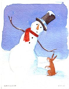 236x303 Snowman Viequense Miniature Original Watercolor By Janemayjones - Watercolor Snowman
