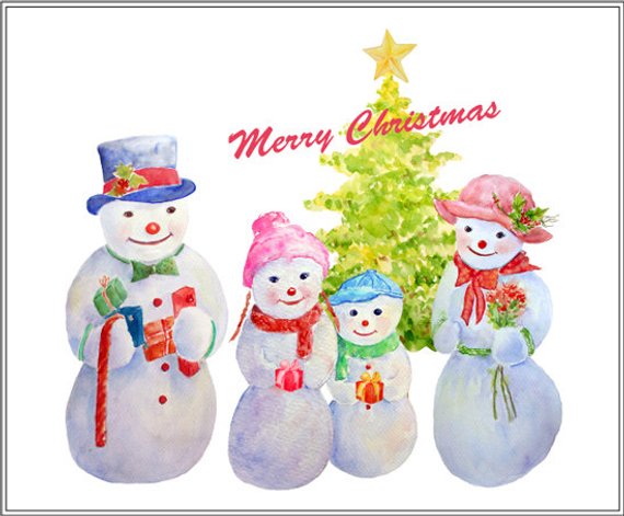 570x471 Watercolor Snowman Clipart 4 Snowman Figures Father Mother Etsy - Watercolor Snowman