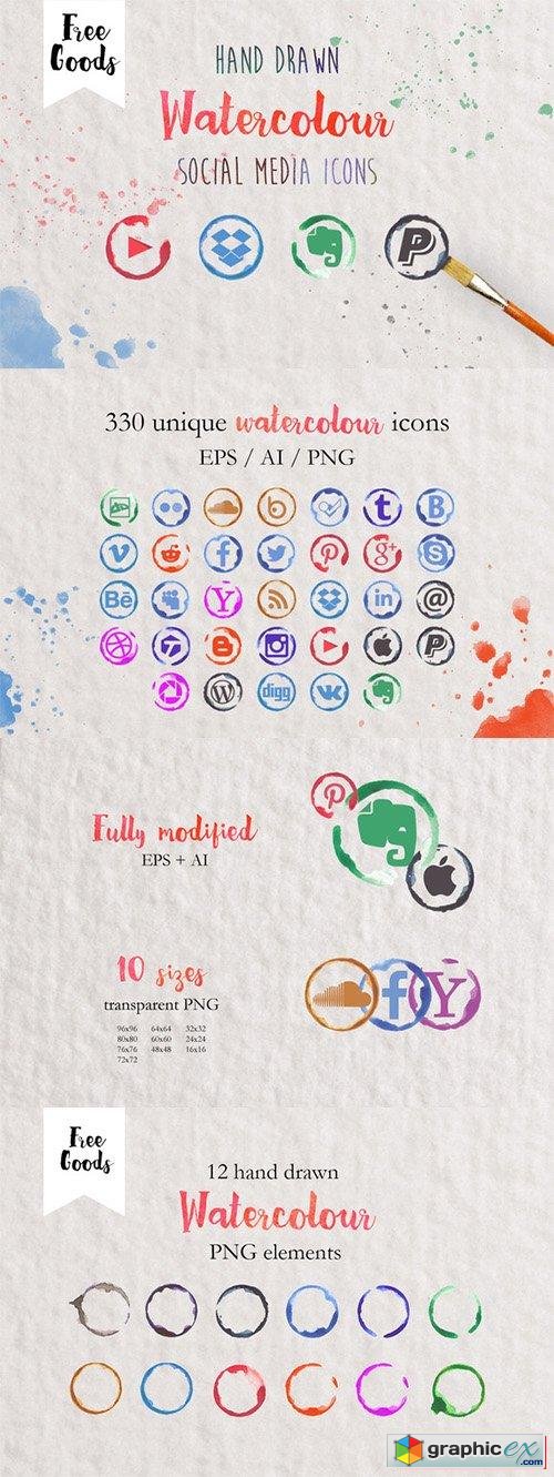500x1331 330 Watercolor Social Media Icons Free Download Vector Stock - Watercolor Social Media Icons