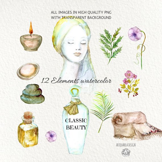 570x570 Watercolor Beauty Spa Clip Arttender Woman .old Perfume Etsy - Watercolor Spa