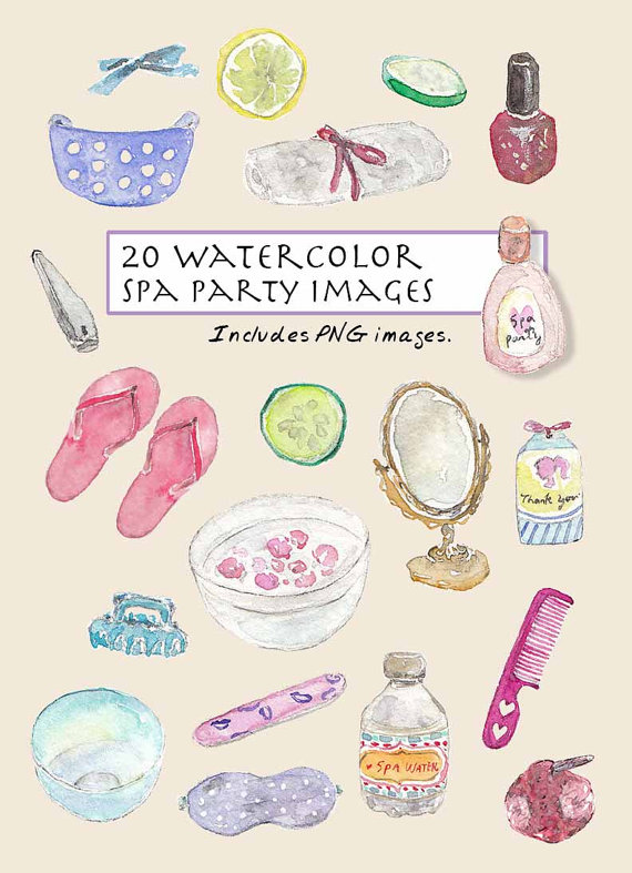 570x787 Clip Art Watercolor Spa Amp Sleepover Party Set. 20 Images. Digital - Watercolor Spa