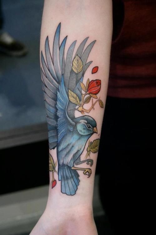 500x750 Classic Sparrow Watercolor Tattoo On Forearm For Girls Search - Watercolor Sparrow Tattoo
