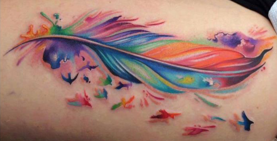 911x464 Watercolor Feather With Sparrow Tattoo Feather Tattoo Ideas - Watercolor Sparrow Tattoo
