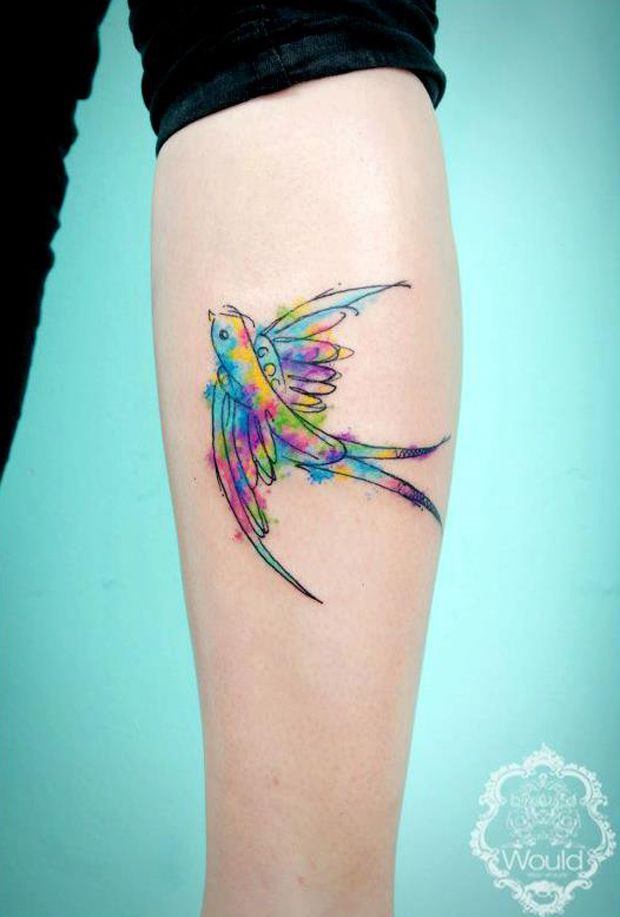 620x917 Watercolour Tattoos Look Fantastic On Some Skin Shades... This One - Watercolor Sparrow Tattoo