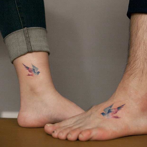 620x620 61 Cute Couple Tattoos That Will Warm Your Heart - Watercolor Sparrow Tattoo