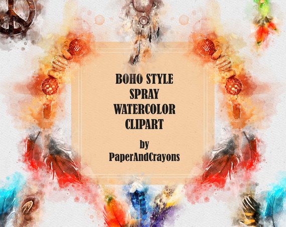 570x453 Boho Watercolor Clipart Set Dreamcatcher Clip Art Scrapbook Etsy - Watercolor Spray