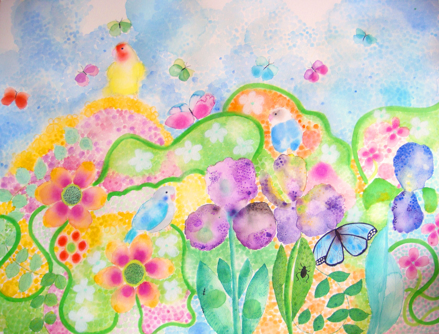 1480x1126 Original Watercolor Spring 2010. Flowers And Blue Sky Gemmaorte - Watercolor Spring