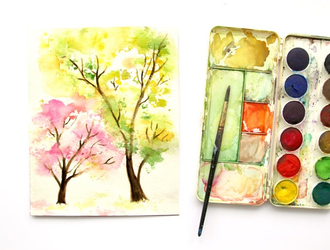 680x516 Spring Trees Watercolor Painting With... Crumbled Paper! - Watercolor Spring