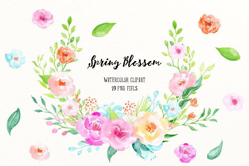 858x571 Watercolor Clipart Spring Blossom, Spring Flowers Pink Blue Yellow - Watercolor Spring