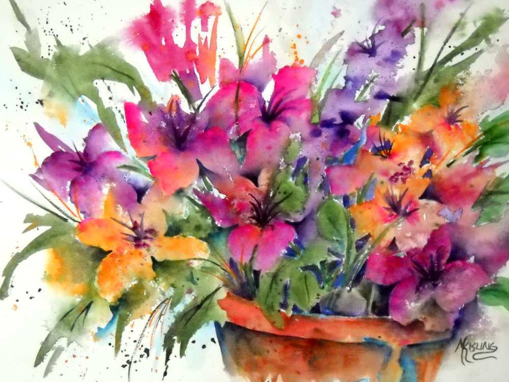 1000x750 Spring Flowers Painting Lovely Watercolor Of Spring Flowers In Pot - Watercolor Spring Flowers