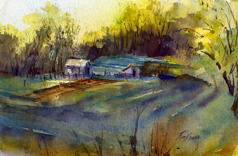 783x513 Small Farm, Early Original Watercolor Landscape - Watercolor Spring Landscape