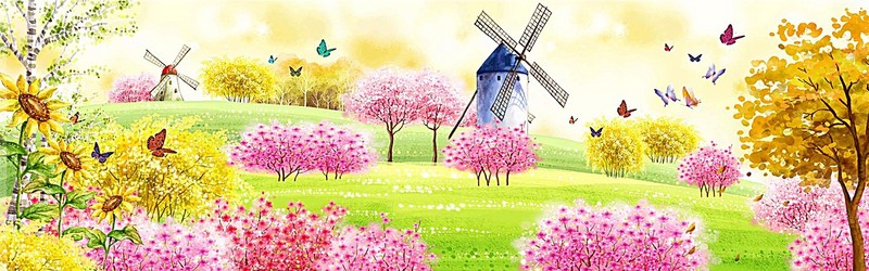 800x250 Spring Landscape Watercolor, Colorful, Butterfly, Windmill - Watercolor Spring Landscape