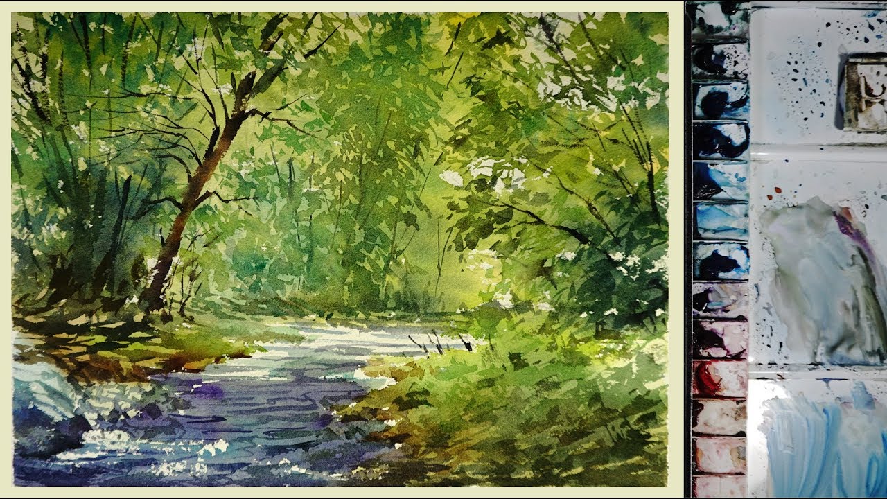 1280x720 Watercolor Landscape Painting The Forest Stream - Watercolor Spring Landscape