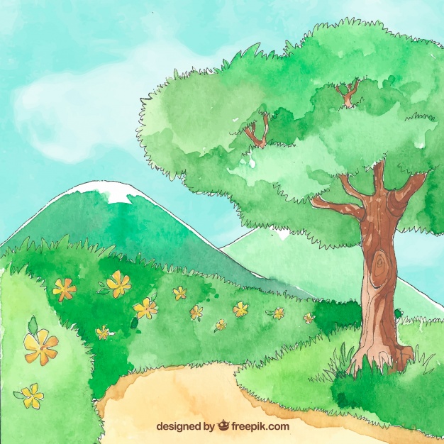 626x626 Watercolor Spring Landscape With Tree And Mountain Vector Free - Watercolor Spring Landscape