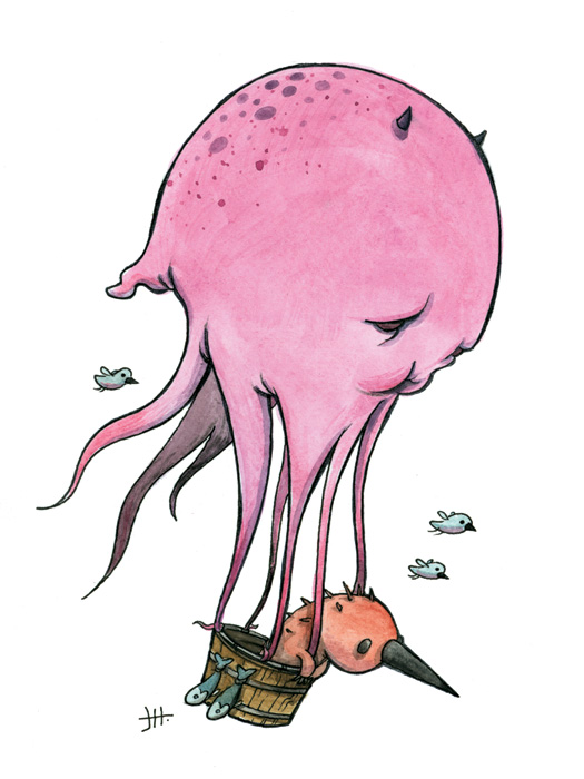 525x700 Hot Air Squid (Watercolor Painting) - Watercolor Squid